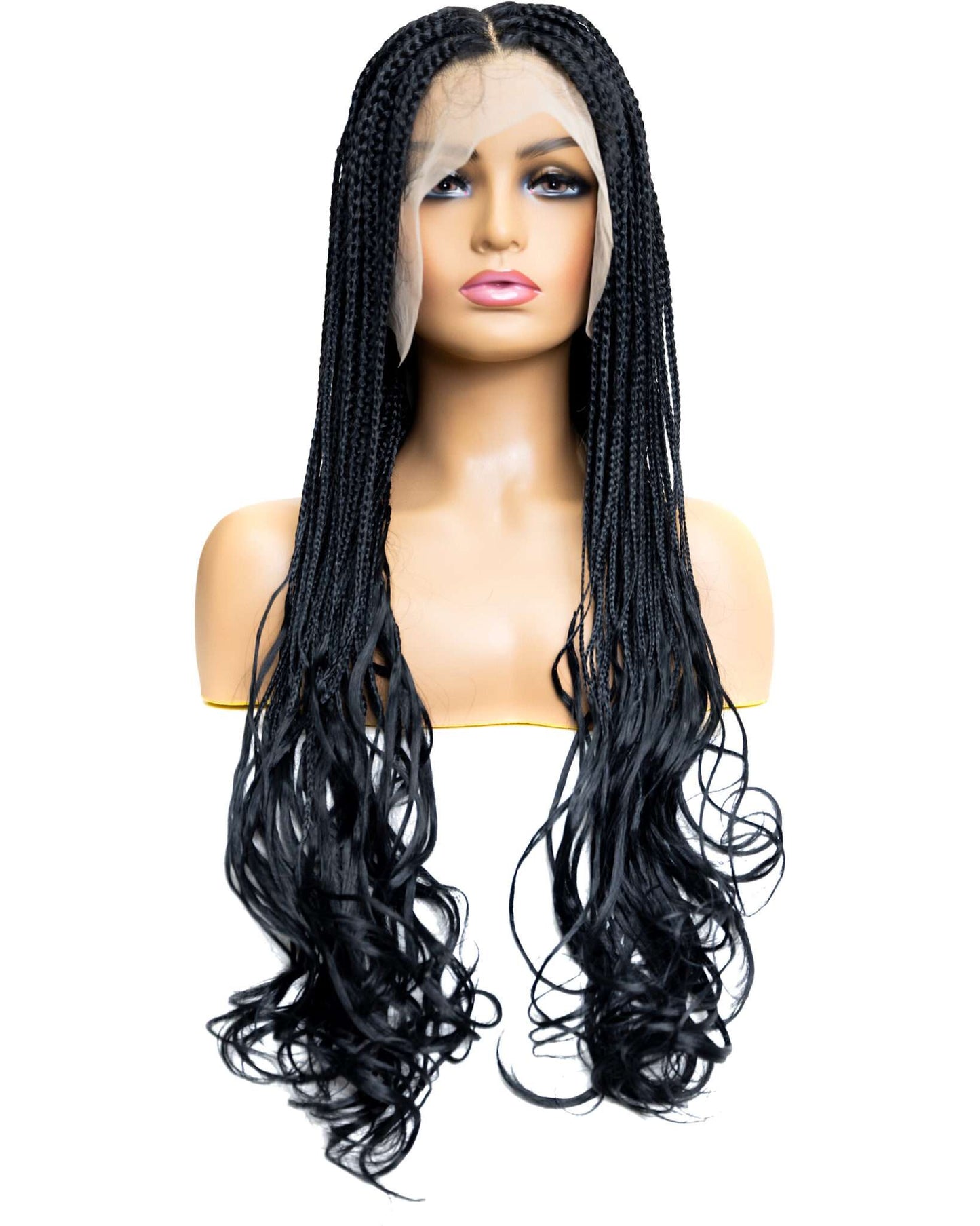 Knotless Micro French Curl Braid 28-inch Full Lace Wig in natural color with HD transparent lace