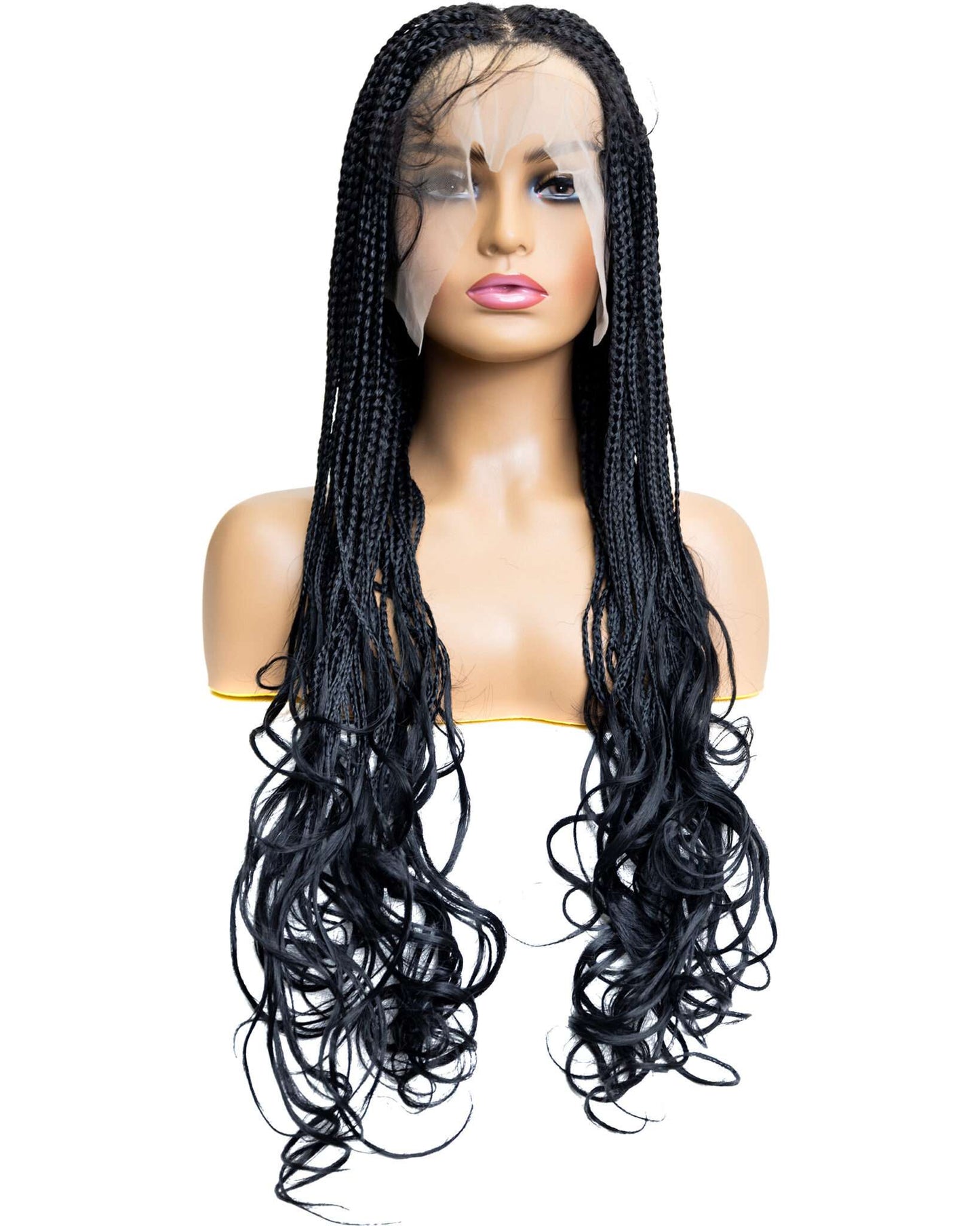 Knotless Micro French Curl Braid 28-inch Full Lace Wig in natural color with HD transparent lace