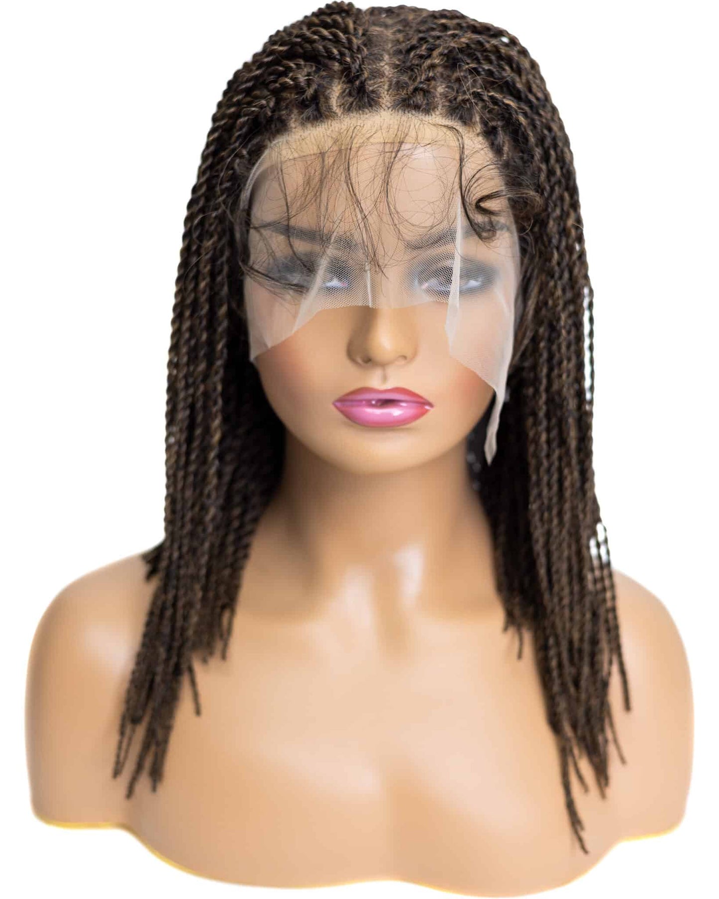Knotless Micro Senegal Twist Braid 12-inch Full Lace Wig in natural color with HD transparent lace