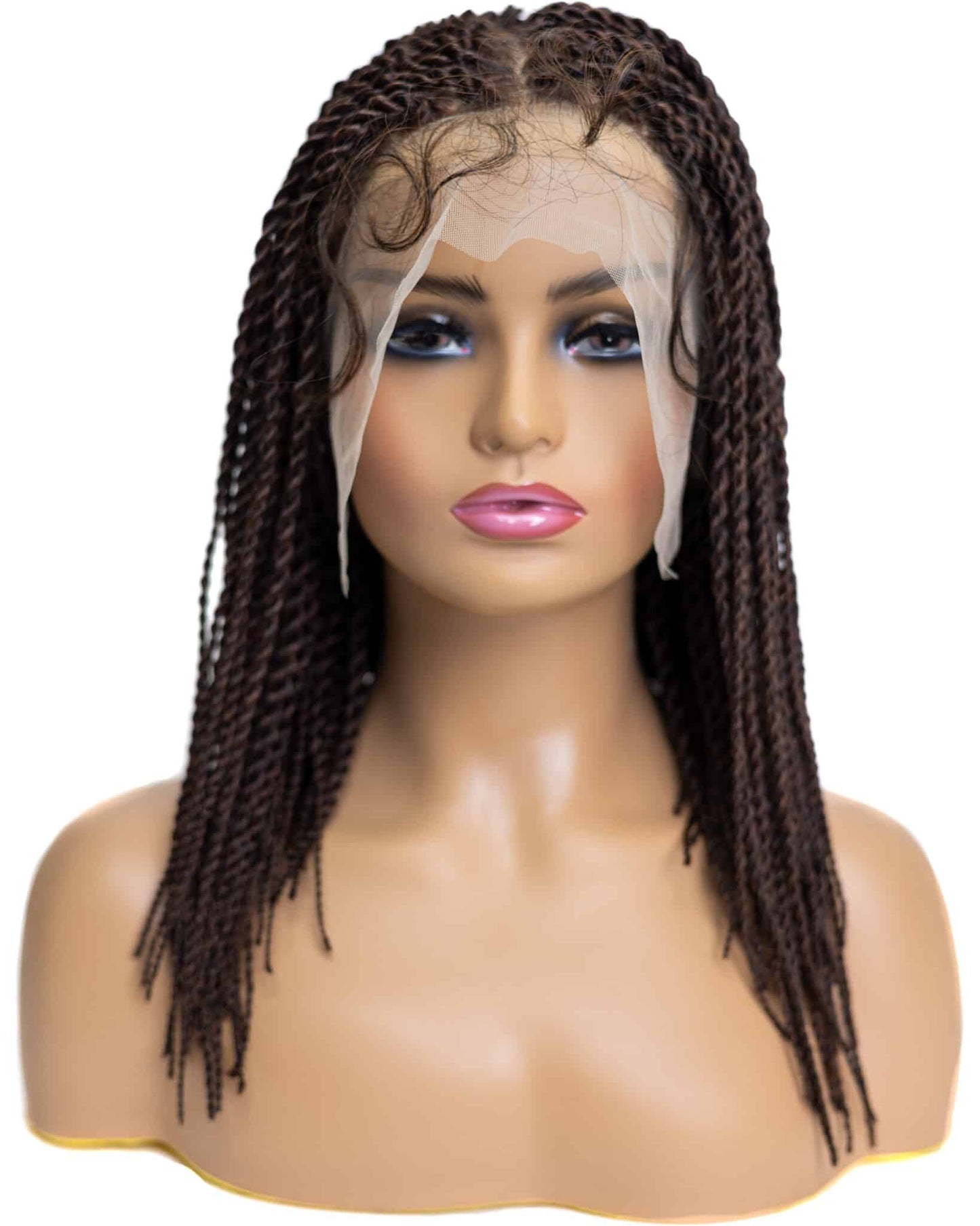 Knotless Micro Senegal Twist Braid 12-inch Full Lace Wig in natural color with HD transparent lace