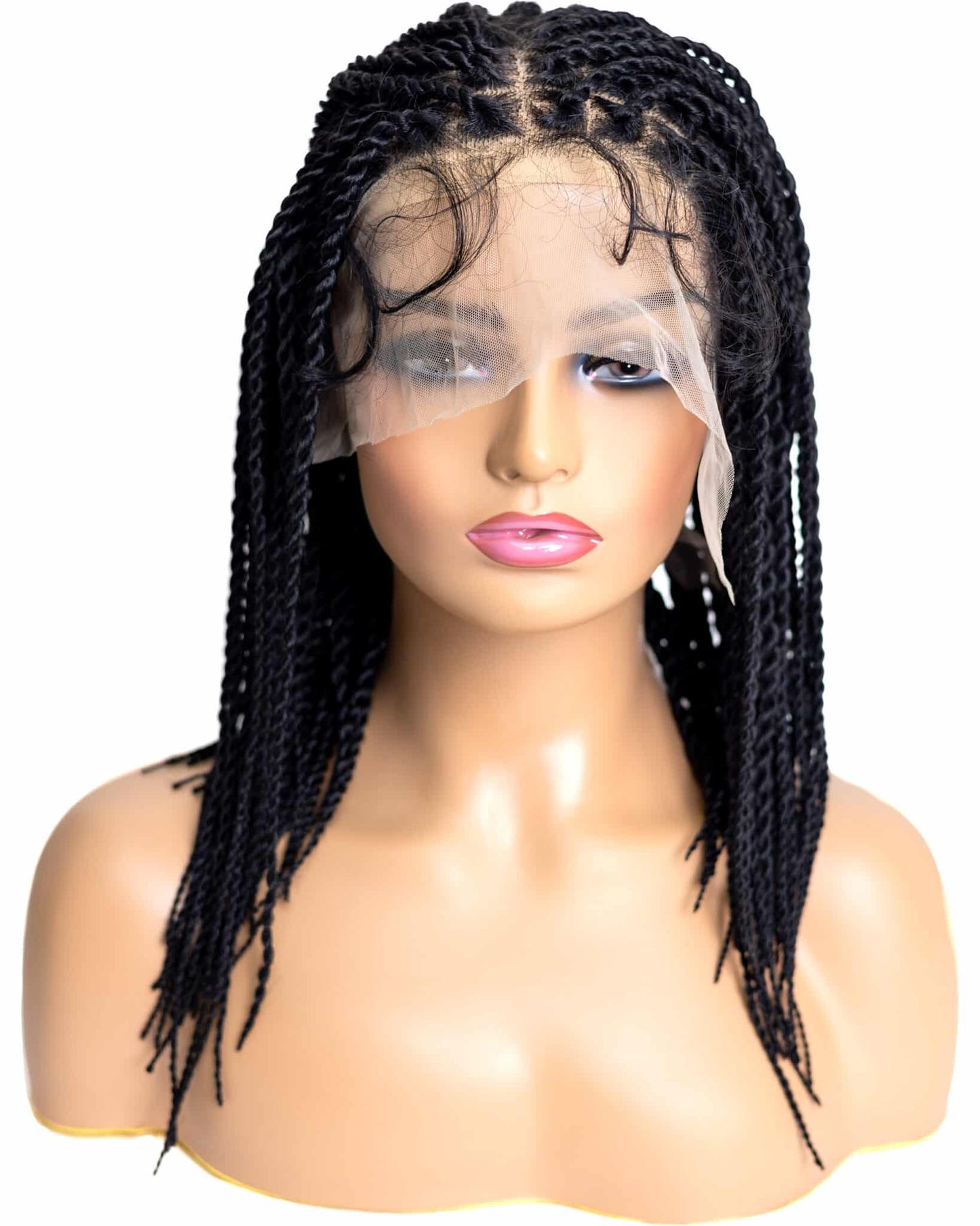 Knotless Micro Senegal Twist Braid 12-inch Full Lace Wig in natural color with HD transparent lace