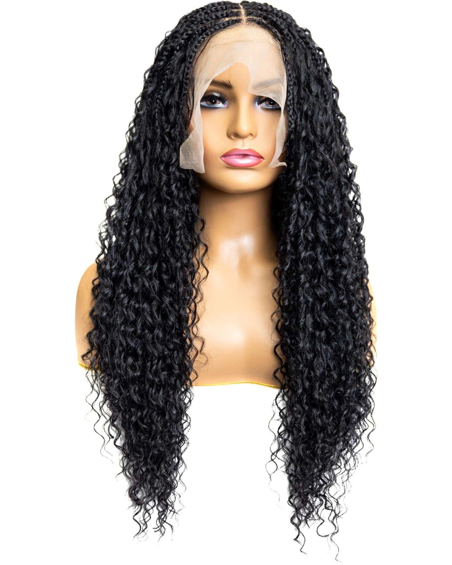 Knotless Micro Bohemian Water Wave Braid 26-inch Full Lace Wig in natural color with HD transparent lace