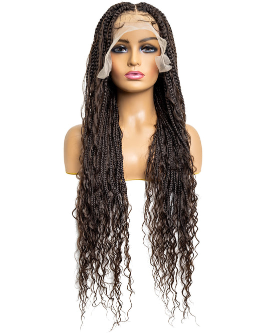 Knotless Bohemian Triangle Box Braided Full Lace Wig in natural color with HD transparent lace
