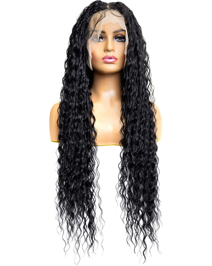 Knotless Micro Peruvian Wave Braid 32-inch Full Lace Wig in natural color with HD transparent lace