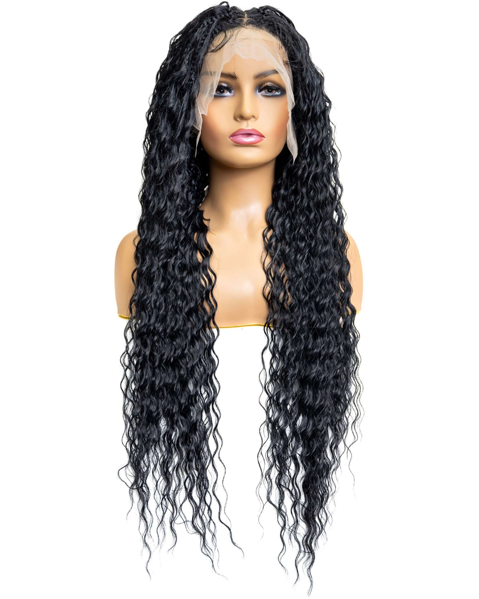 Knotless Micro Peruvian Wave Braid 32-inch Full Lace Wig in natural color with HD transparent lace