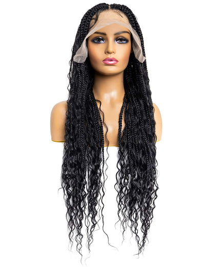 Knotless Bohemian Triangle Box Braided Full Lace Wig in natural color with HD transparent lace